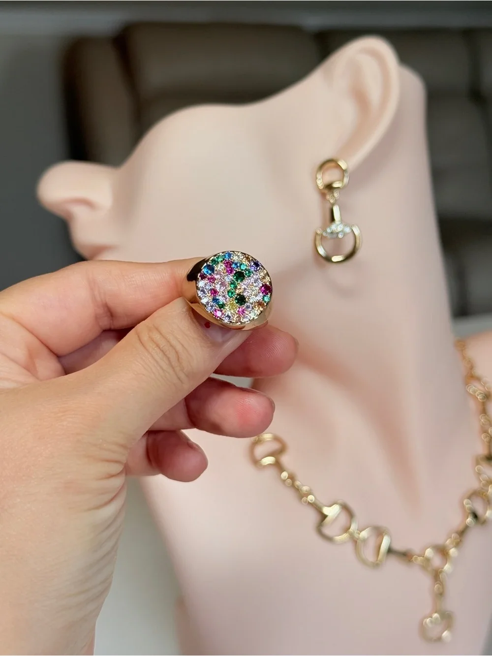 Gold-Tone Multicolor Crystal Dome Ring